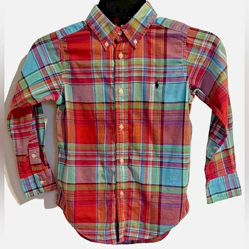 Ralph Lauren Boys Madras Plaid Button Down Shirt Size 5 Cotton Pony Preppy